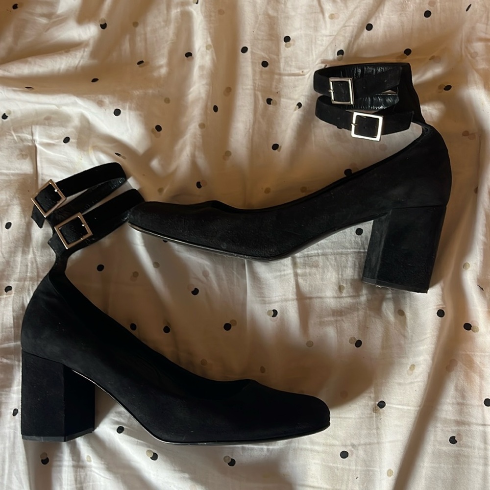 Vintage Saint Laurent Black Suede mary jane style heels